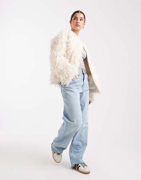 South Beach reversible mongolian faux fur suede jacket in cream 