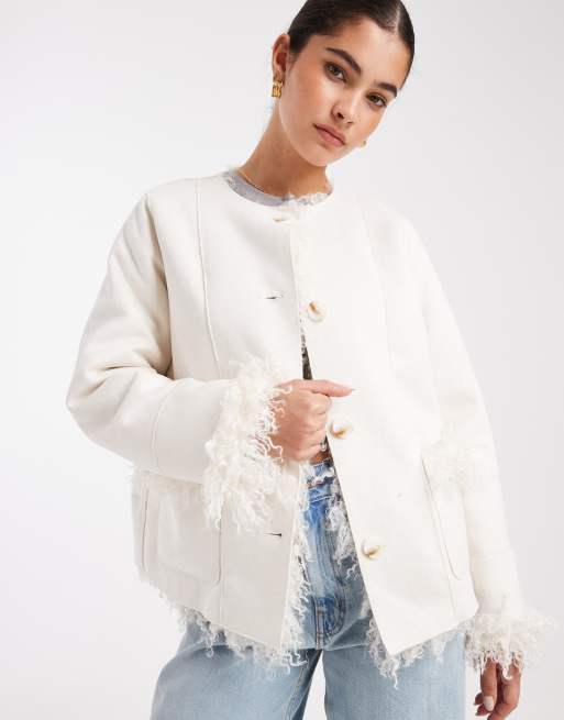 South Beach reversible mongolian faux fur suede jacket in cream , 2 of 4