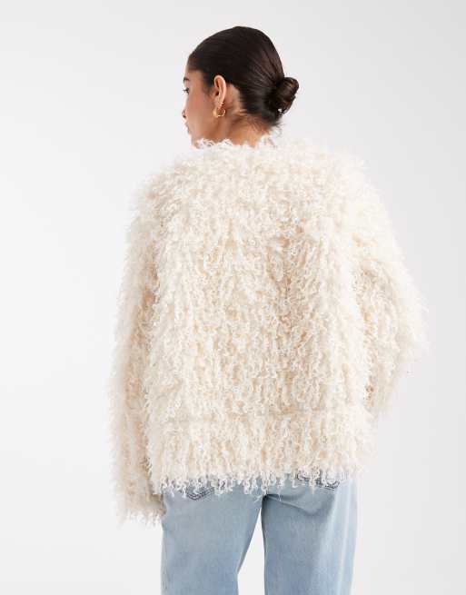 South Beach reversible mongolian faux fur suede jacket in cream , 4 of 4