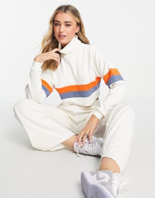 South Beach rib high neck sweatshirt in off white with stripe detail