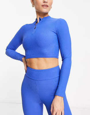 South Beach ribbed 1/4 zip long sleeve top in colbalt blue