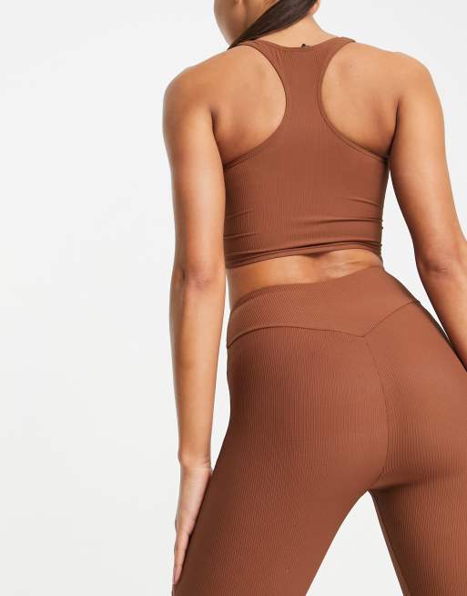 South Beach ribbed square neck longline crop top in chocolate brown, 4 of 4
