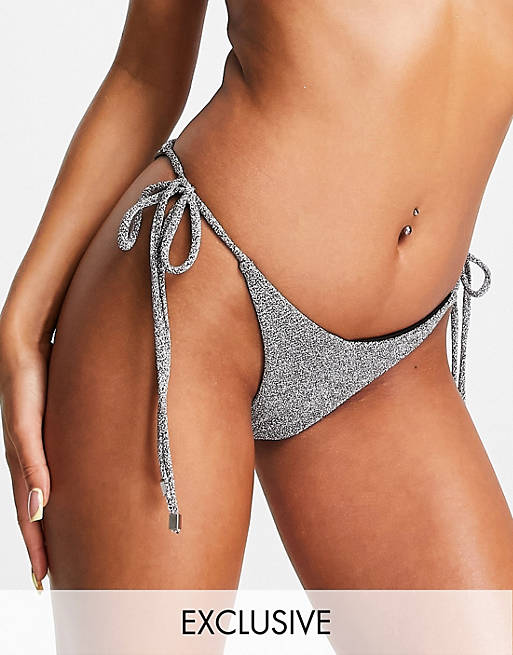 South Beach ring detail string bikini bottom in silver metallic