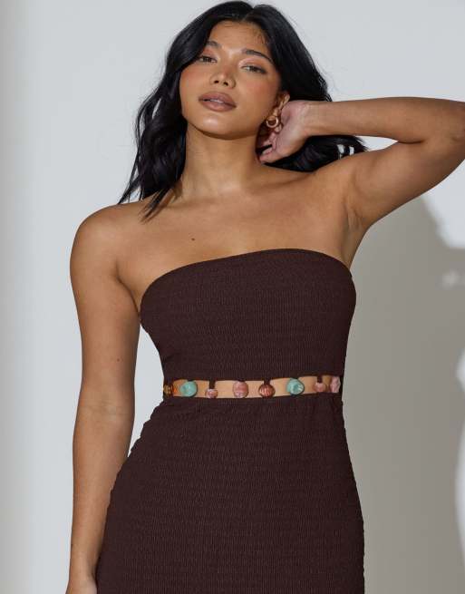 South Beach - Robe bandeau longue effet froissé à perles à la taille - Marron, 5 de 5