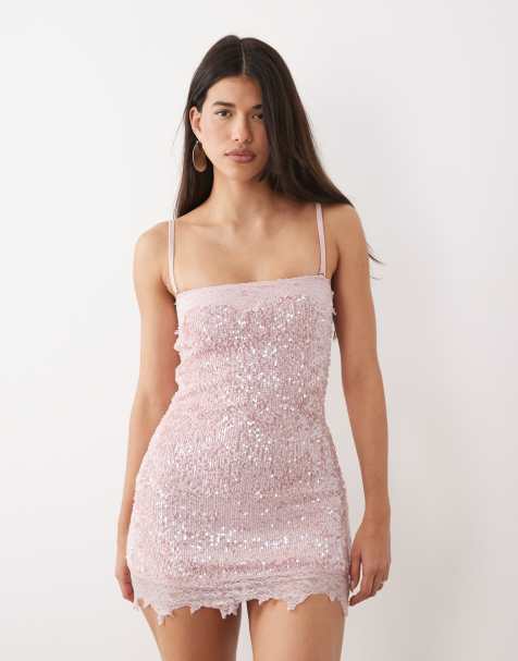 South Beach - Robe courte à sequins bordée de dentelle - Rose clair - view 1