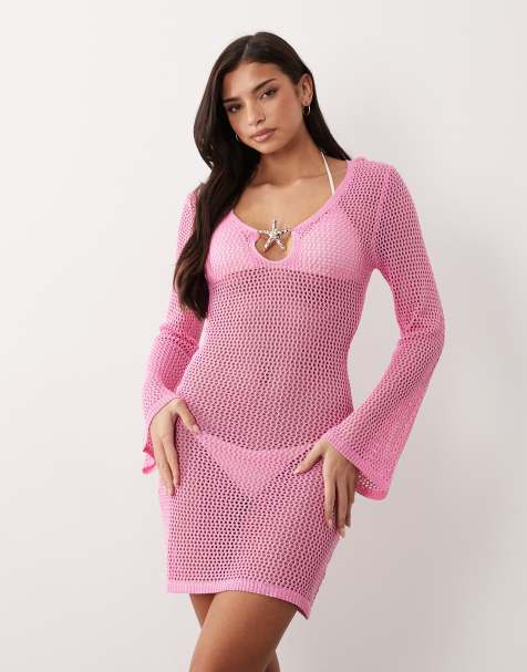 South Beach - Robe courte en maille au crochet à manches longues - Rose - view 1