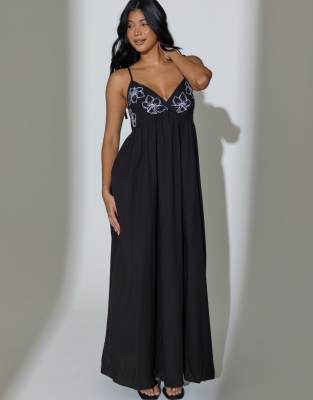 Robe longue à bretelles nouées et fleurs brodées - Noir 40