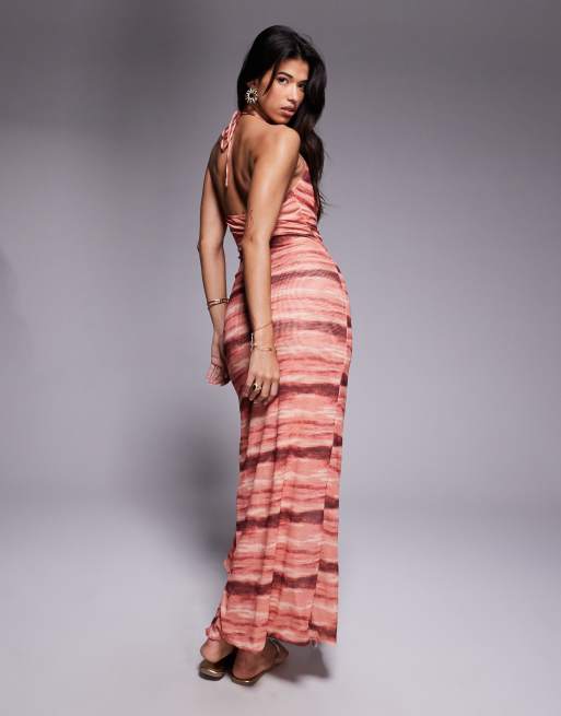 South Beach Robe longue en tulle à imprimé flou Vieux rose ASOS