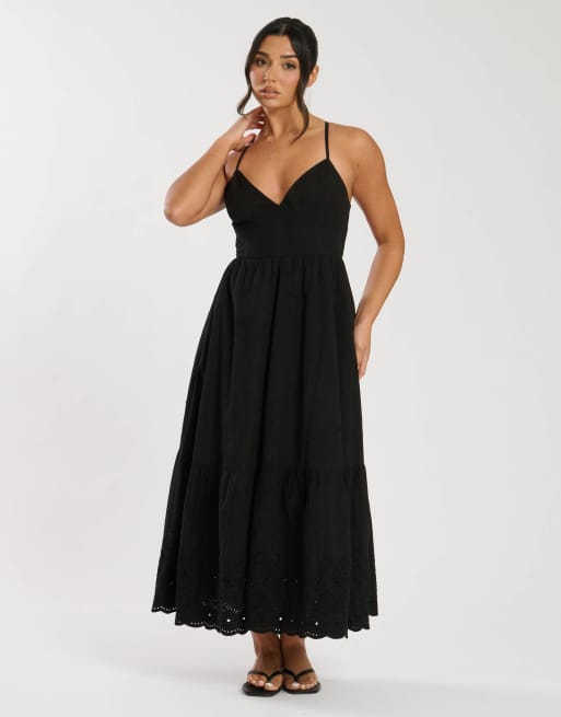 South Beach - Robe mi-longue en broderie anglaise effet plumetis à fines lanières dans le dos - Noir