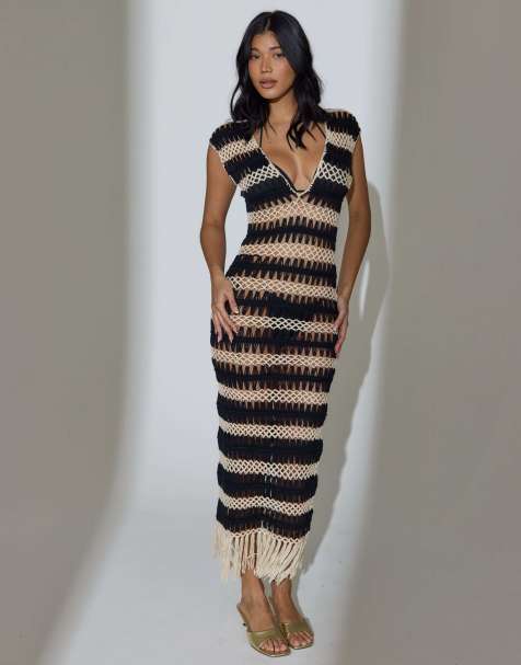 South Beach - Robe mi-longue en maille au crochet à rayures et franges - Noir et blanc - view 1
