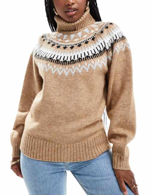 South Beach – Rollkragenpullover in Beige aus Jacquard-Strick