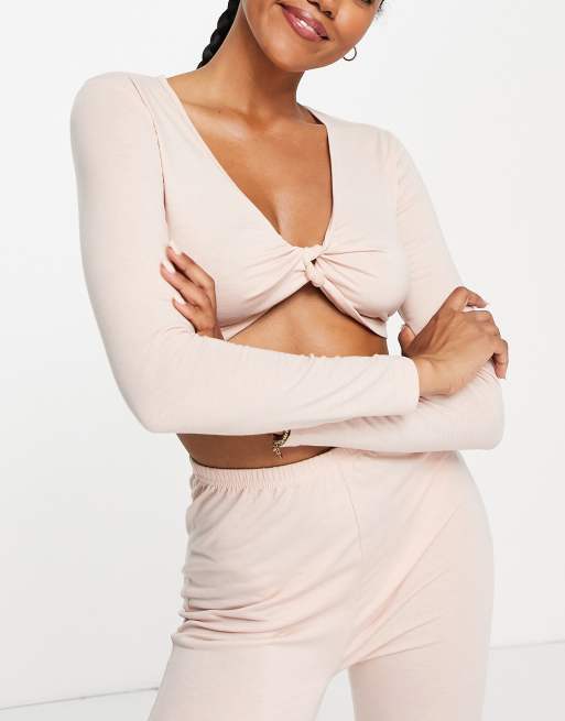 South Beach – Rosa yoga-topp med snurrad knut framtill av polyester