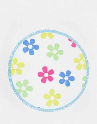 South Beach round beach towel in white and blue retro floral print