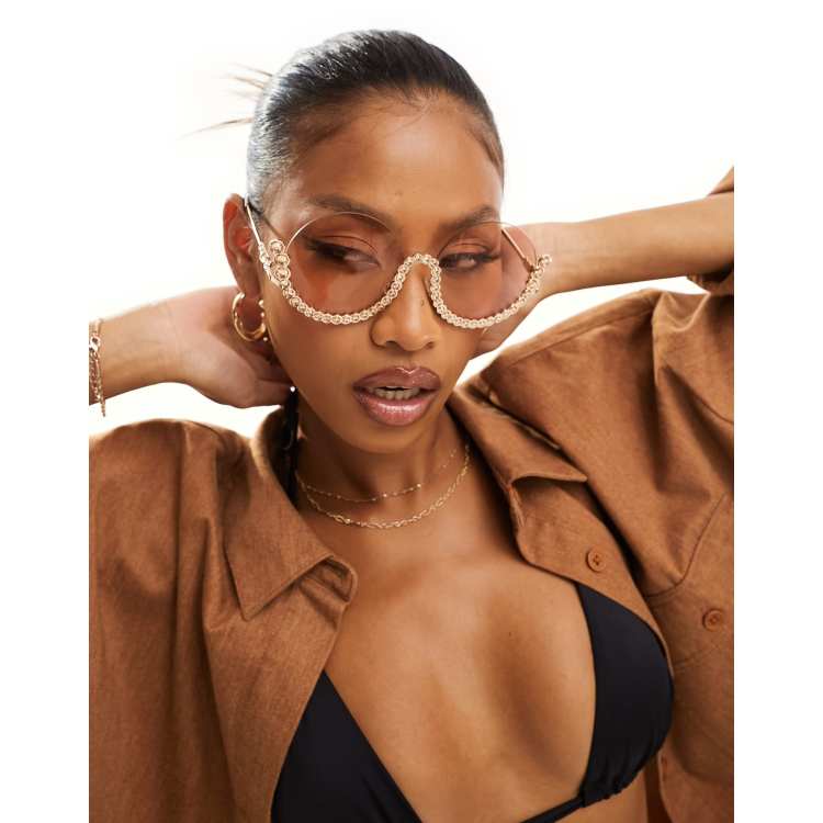Fashion inspired Gold Embellished Sunglasses Oversize Cats Eye Sunglasses in Clear Gold, Embellished  main image 2