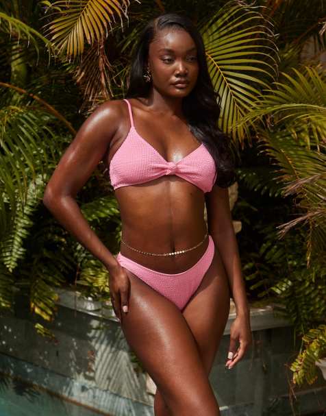 South Beach crinkle high leg bikini bottom in pink