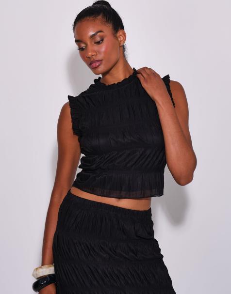 South Beach Ruched frill sleeveless top in black - view 1