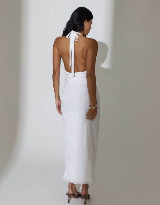chinese dress ladies Mew Mews Elvrik Halterneck Fringe Cutout Split Maxi Dress in White