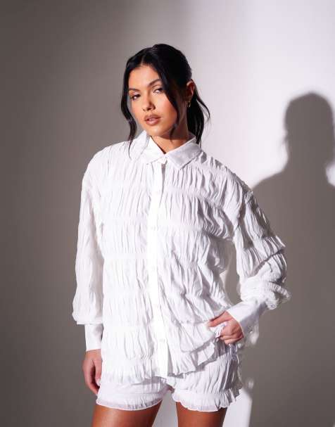 South Beach Ruched long sleeve shirt & mini shorts co ord in white - view 1