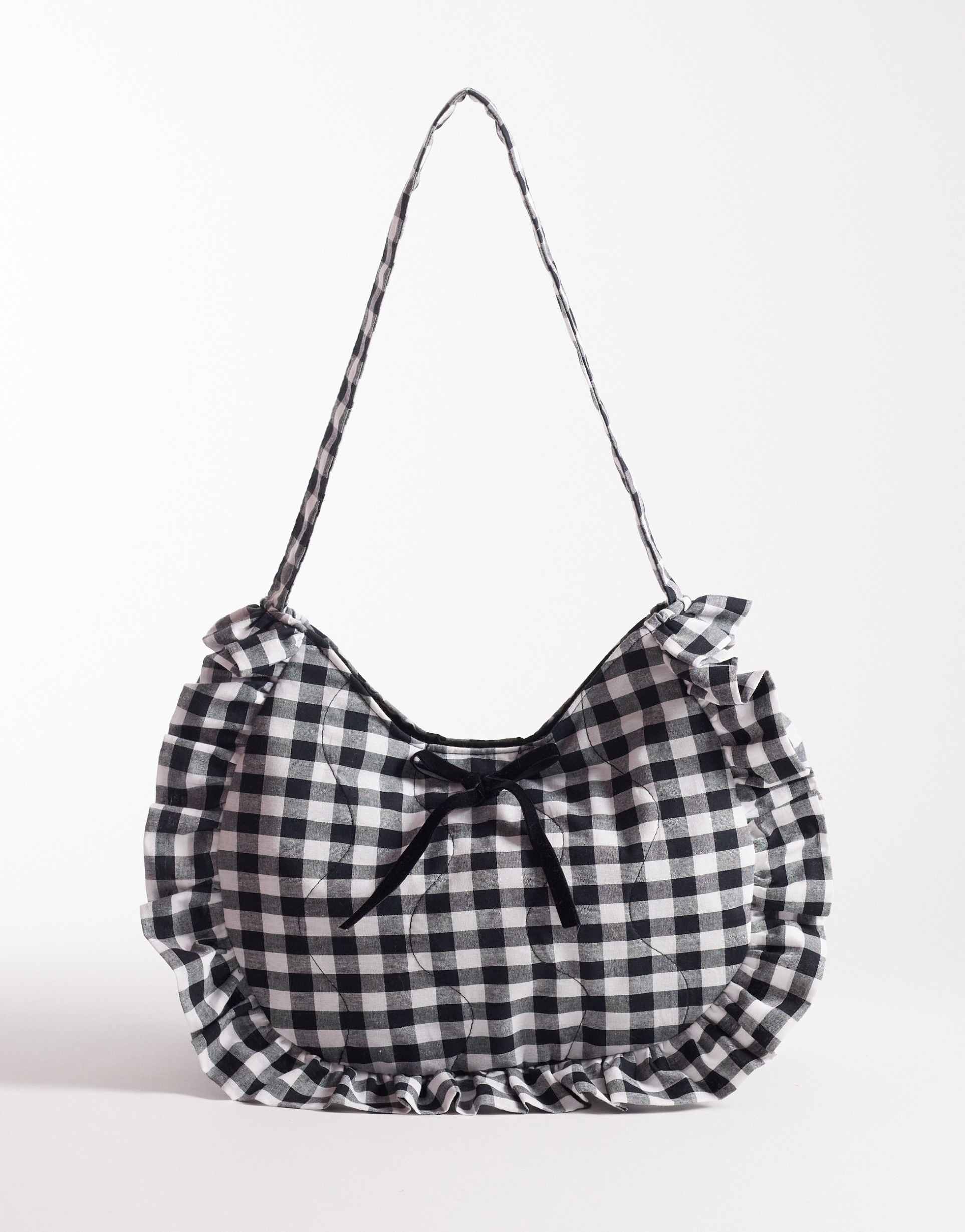 south beach ruffle shoulder bag in black gingham