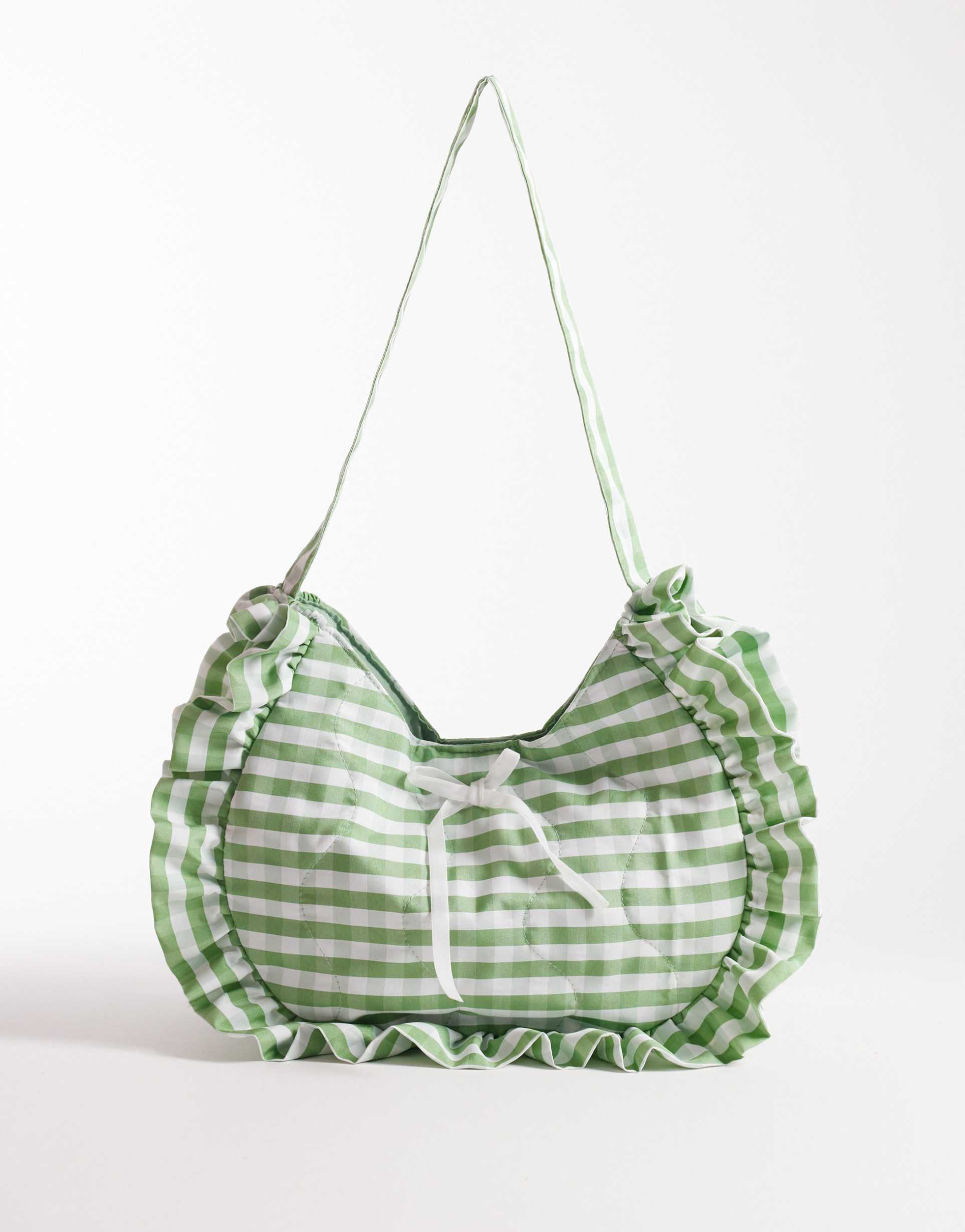south beach ruffle shoulder bag in sage green gingham
