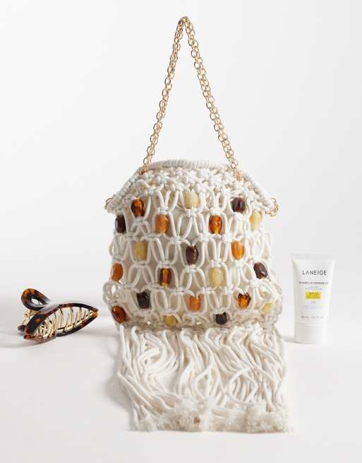 South Beach - Sac bandoulière crocheté orné de perles en résine - Blanc cassé, 3 de 4