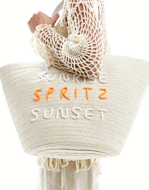 South Beach - Sac panier porté épaule en paille avec motif brodé , 2 de 4