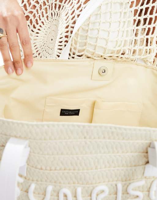 South Beach - Sac panier porté épaule en paille avec motif brodé , 3 de 4