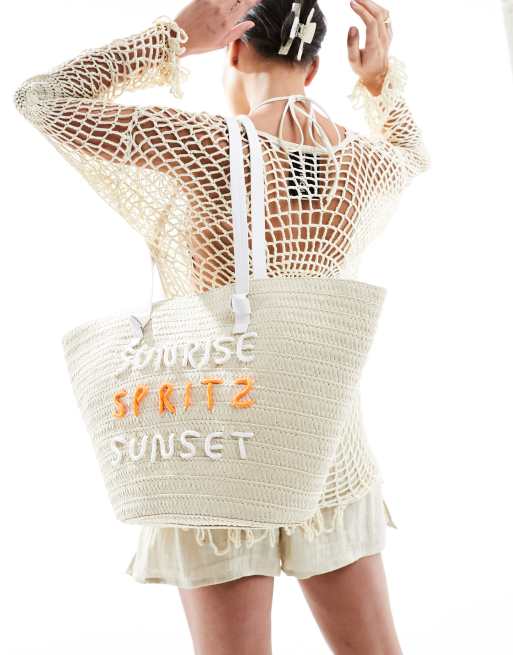 South Beach - Sac panier porté épaule en paille avec motif brodé , 4 de 4