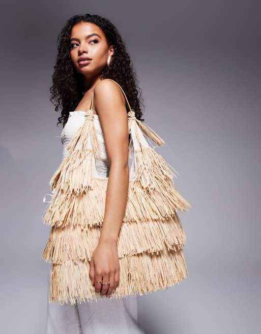 South Beach - Sac porté épaule à franges en paille - Beige
