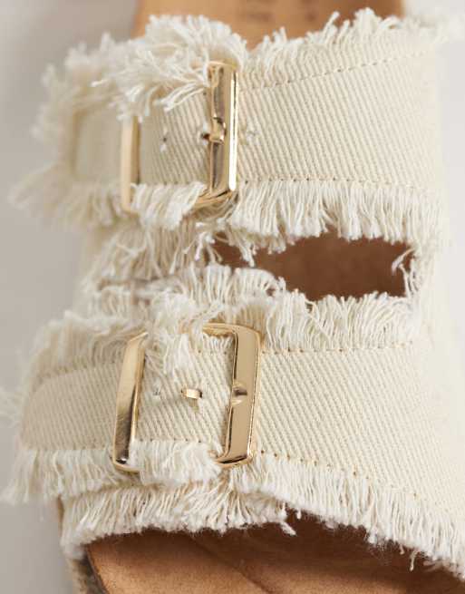 South Beach - Sandales style espadrilles à double boucle avec franges - Denim crème, 3 de 4
