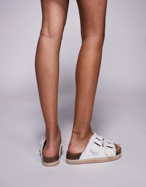South Beach - Sandales style espadrilles en denim avec deux boucles et bords effilochés - Blanc, 2 de 4