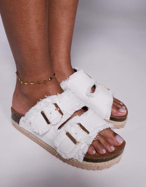 South Beach - Sandales style espadrilles en denim avec deux boucles et bords effilochés - Blanc, 3 de 4