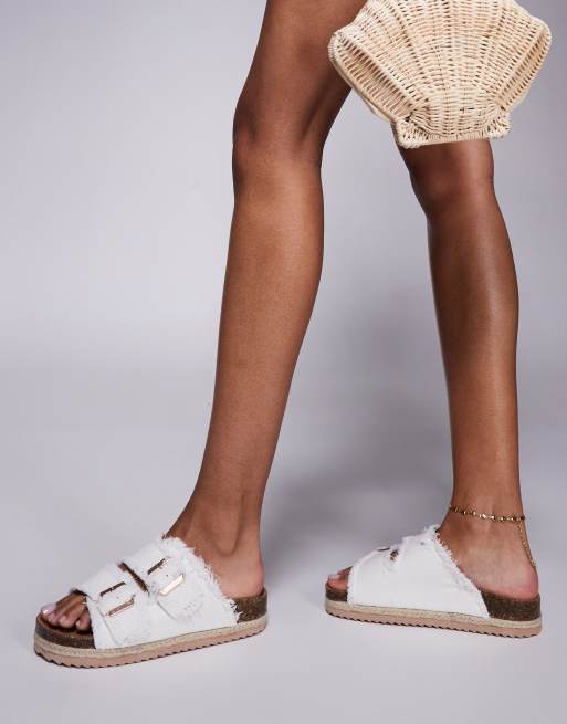 South Beach - Sandales style espadrilles en denim avec deux boucles et bords effilochés - Blanc, 4 de 4