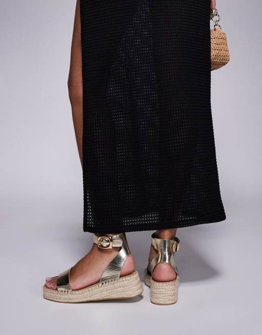 South Beach - Sandali stile espadrilles in lino color oro, 2 di 4