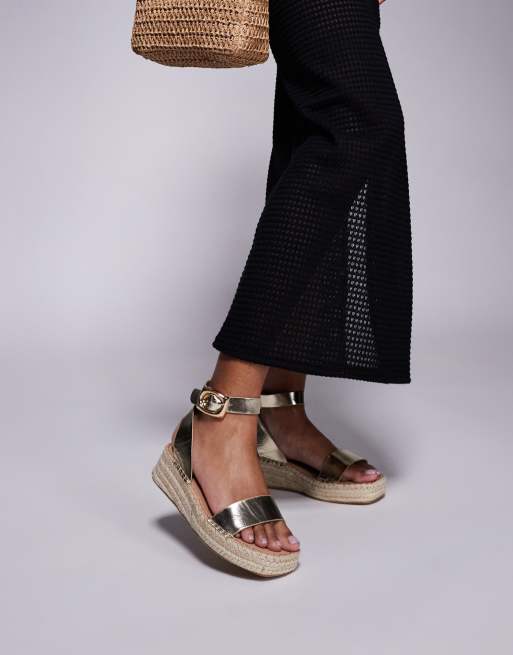 South Beach - Sandali stile espadrilles in lino color oro, 4 di 4