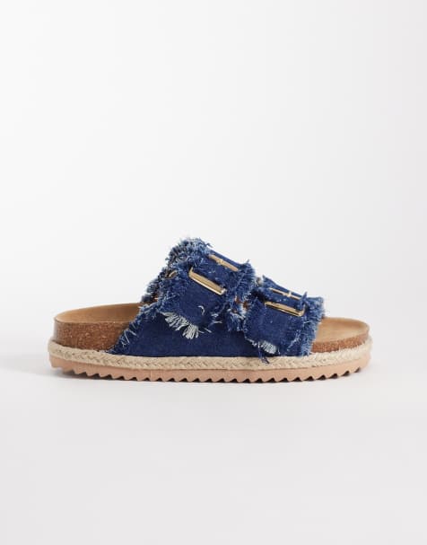 South Beach - Sandali stile espadrilles sfrangiati blu denim scuro con doppia fibbia - view 1