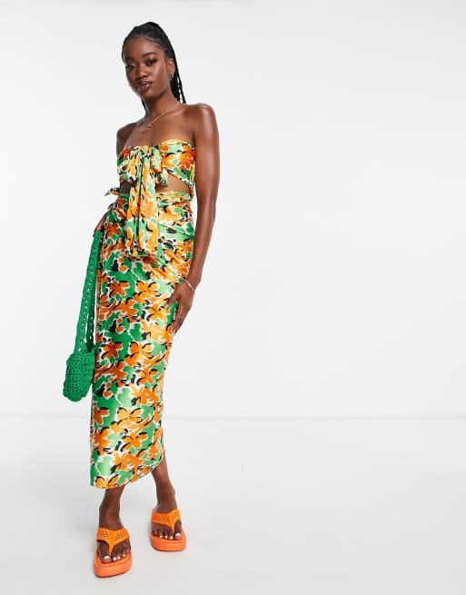 South Beach satin skirt and bandeau beach set in floral print