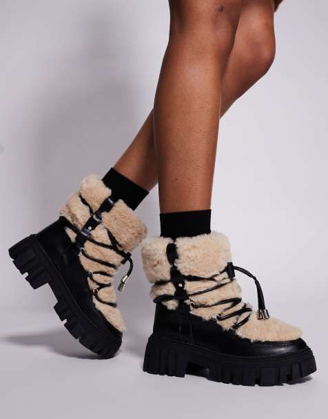 South Beach – Schneestiefel zum Schnüren in Schwarz mit Kunstpelz in Beige  - view 1
