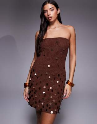 South Beach - Schulterfreies Mini-Strandkleid aus Strick in Braun mit Pailletten-Brown