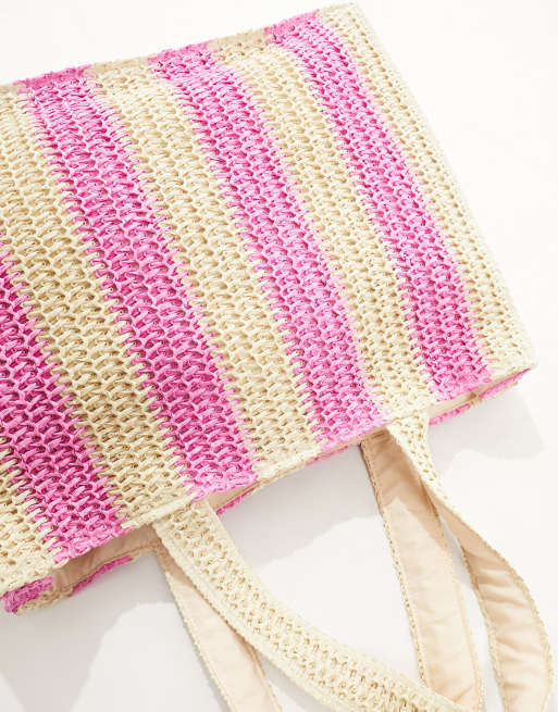 South Beach – Schultertasche in Rosa und Natur gestreift aus gewebtem Stroh , 2 von 4