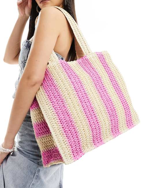 South Beach – Schultertasche in Rosa und Natur gestreift aus gewebtem Stroh , 4 von 4