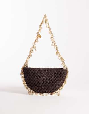 South Beach - Schultertasche in Schokobraun mit Muschel- und Perlenverzierung-Brown