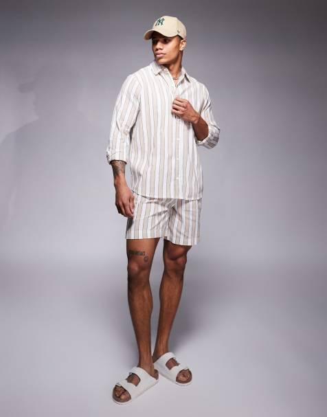 South Beach drawstring beach shorts in beige and white stripe