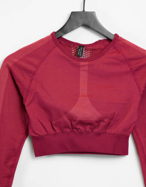 South Beach seamless fishnet long sleeve crop top in dusty pink, 3 of 4