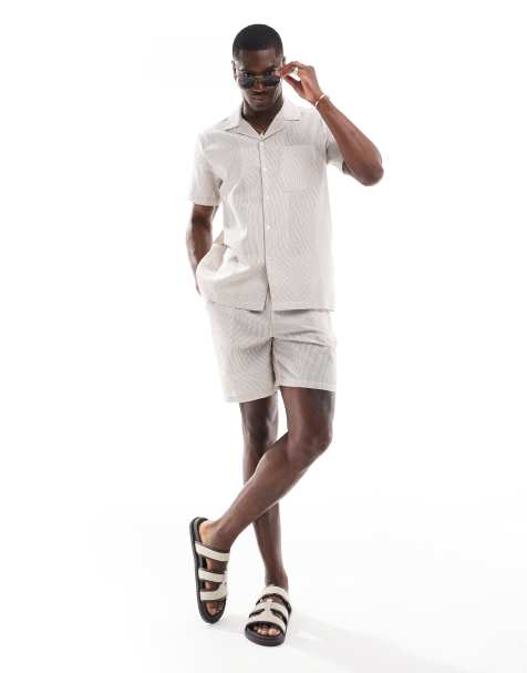 South Beach seersucker beach short co-ord in beige and cream stripe - view 1