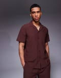 [South Beach] South Beach seersucker short sleeve beach shirt in brown (part of a set) XS Brown