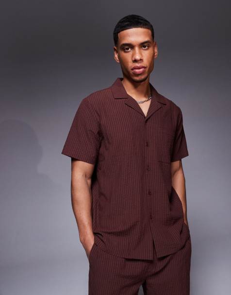 South Beach seersucker short sleeve beach shirt co-ord in brown