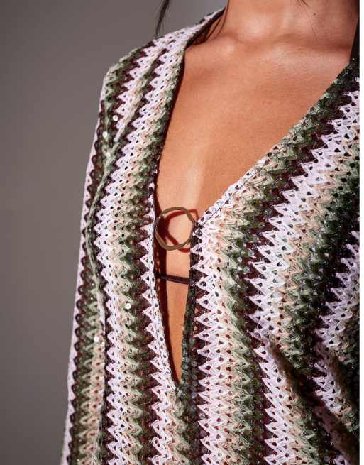 South Beach Sequin crochet ring decal kaftan mini dress in multi, 3 of 3