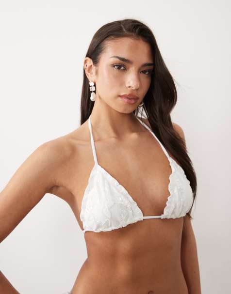 South Beach sequin lace triangle bikini top in white - view 1