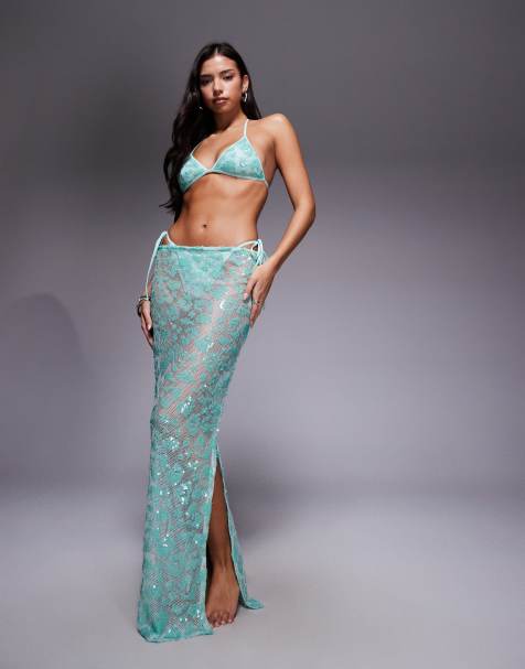 South Beach sequin maxi beach skirt in aqua blue - view 1